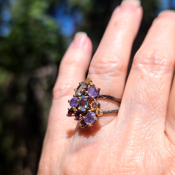 Blue Topaz Tanzanite Amethyst & Rhodolite Sterling 🍸 Cocktail 💍 ring sz6.5 - Picture 6 of 8